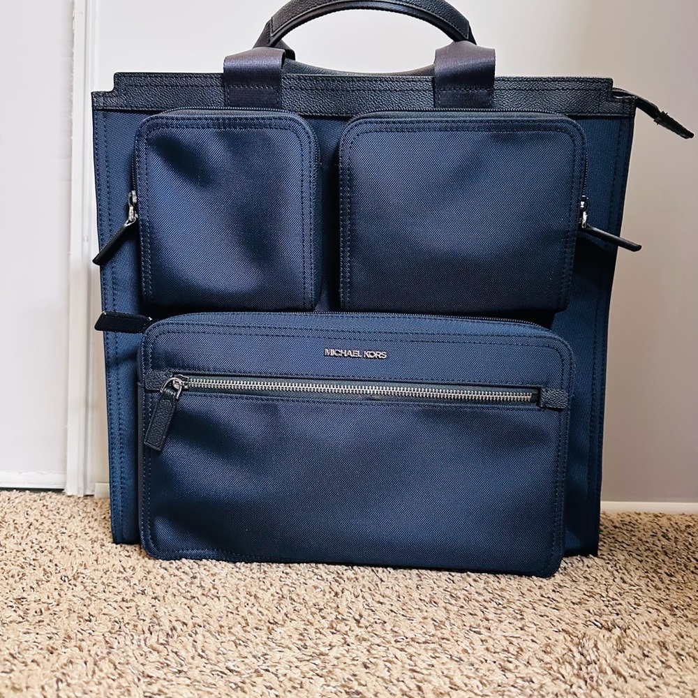 Michael Kors Kent Recycled Nylon Tote Bag in navy blue.